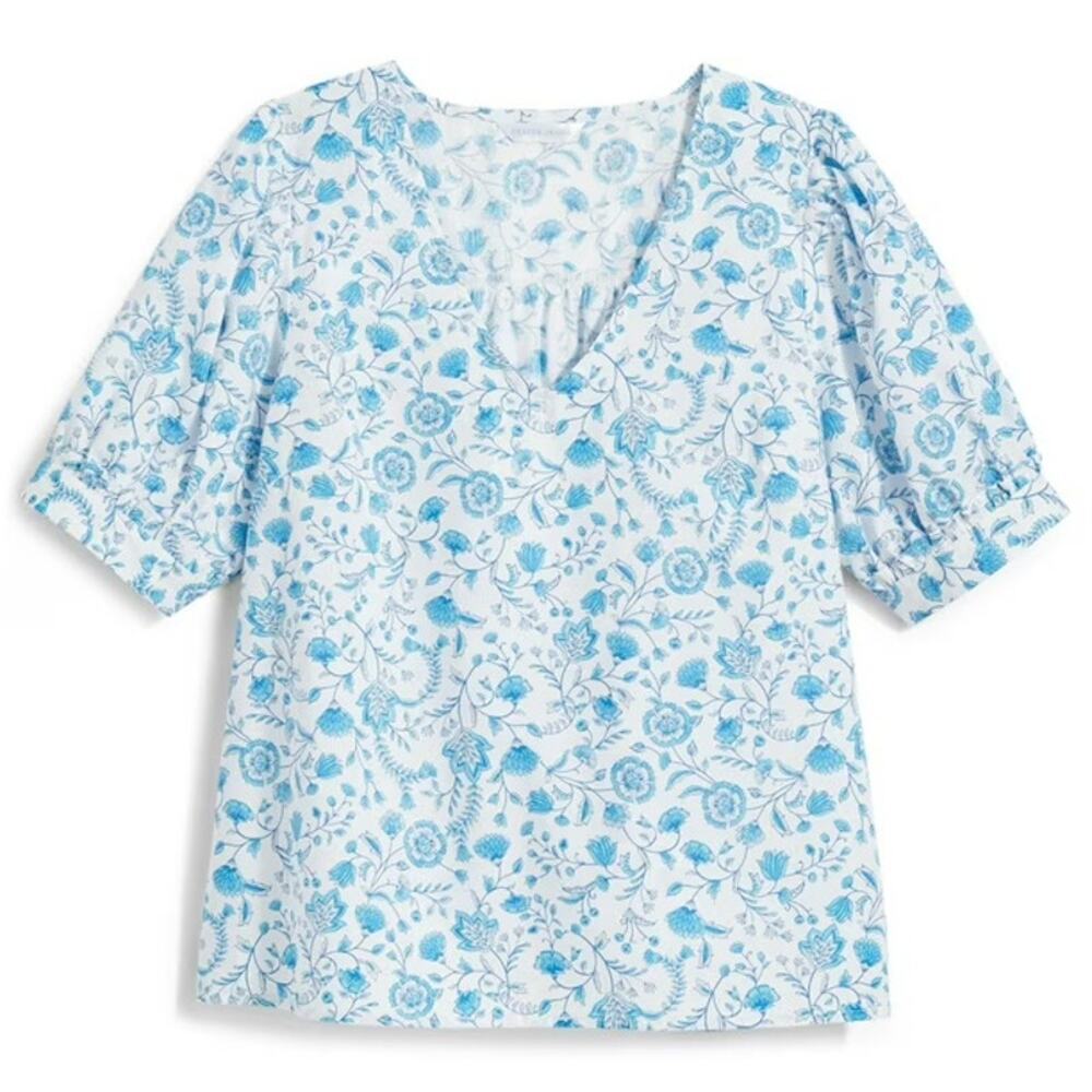 Draper James | Blue Floral Cotton V-Neck Puff Sleeve Short Sleeve Blouse Sz S
